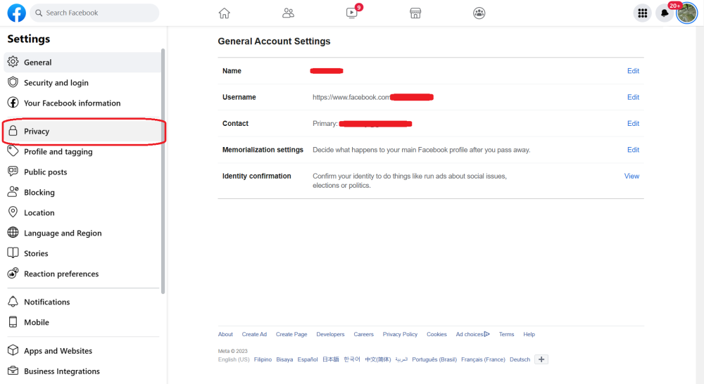 Selecting Privacy on Facebook settings page